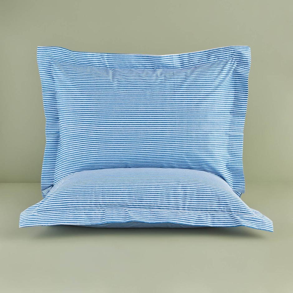  %100 Pamuk Lines Volanlı Yastık Kılıfı 2'li Mavi (50x70 cm)