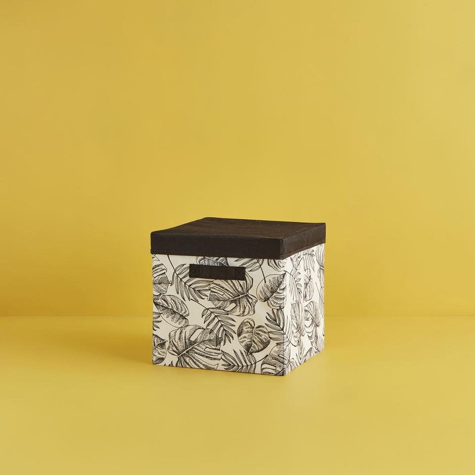  Ocean Home Çizgisel Yaprak Desen Kapaklı Kutu Siyah (30x30x30 cm)
