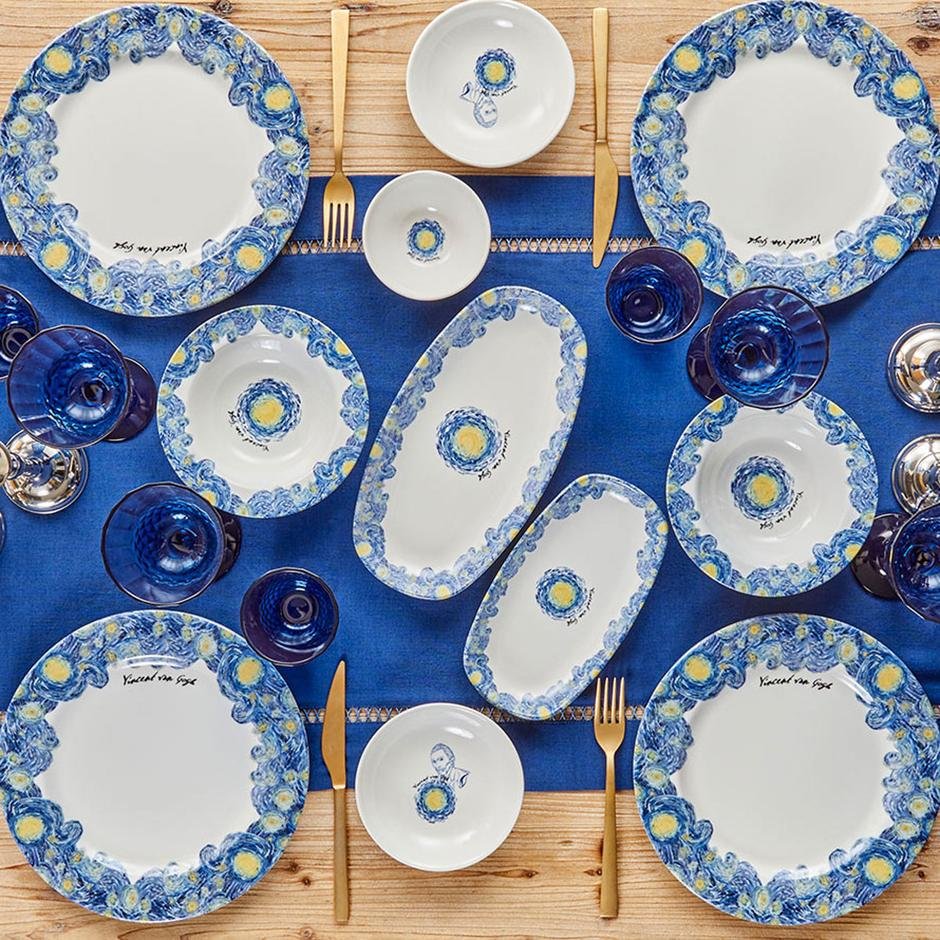  Van Gogh 15 Parça 6 Kişilik Stoneware Kahvaltı Takımı Mavi
