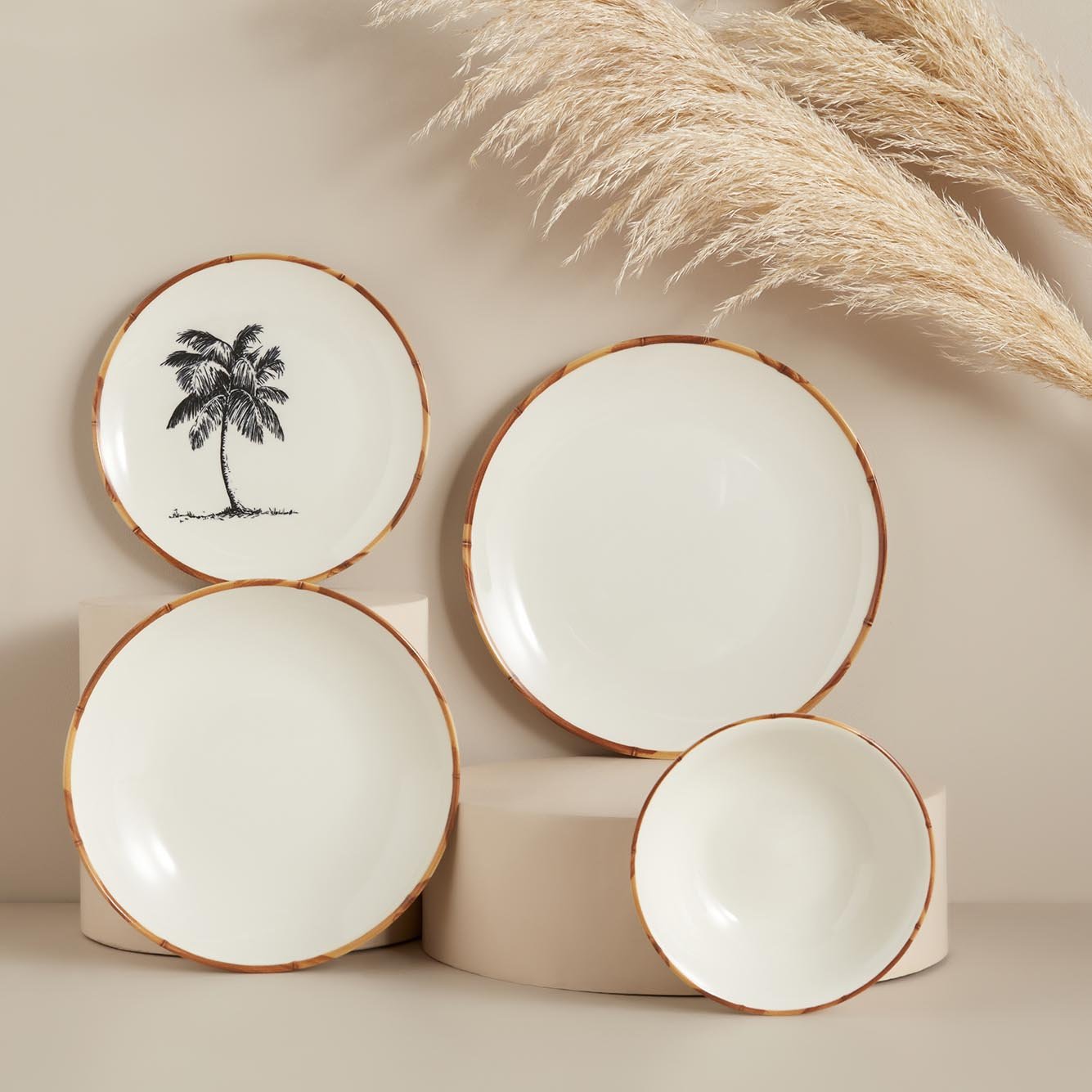 Palm Bamboo Stoneware 16 Parça 4 Kişilik Yemek Takımı Beyaz