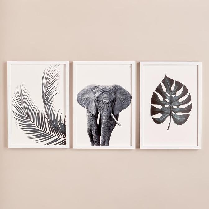 Leaf&Elephant  3'lü Çerçeveli Tablo Beyaz (33x48 cm)