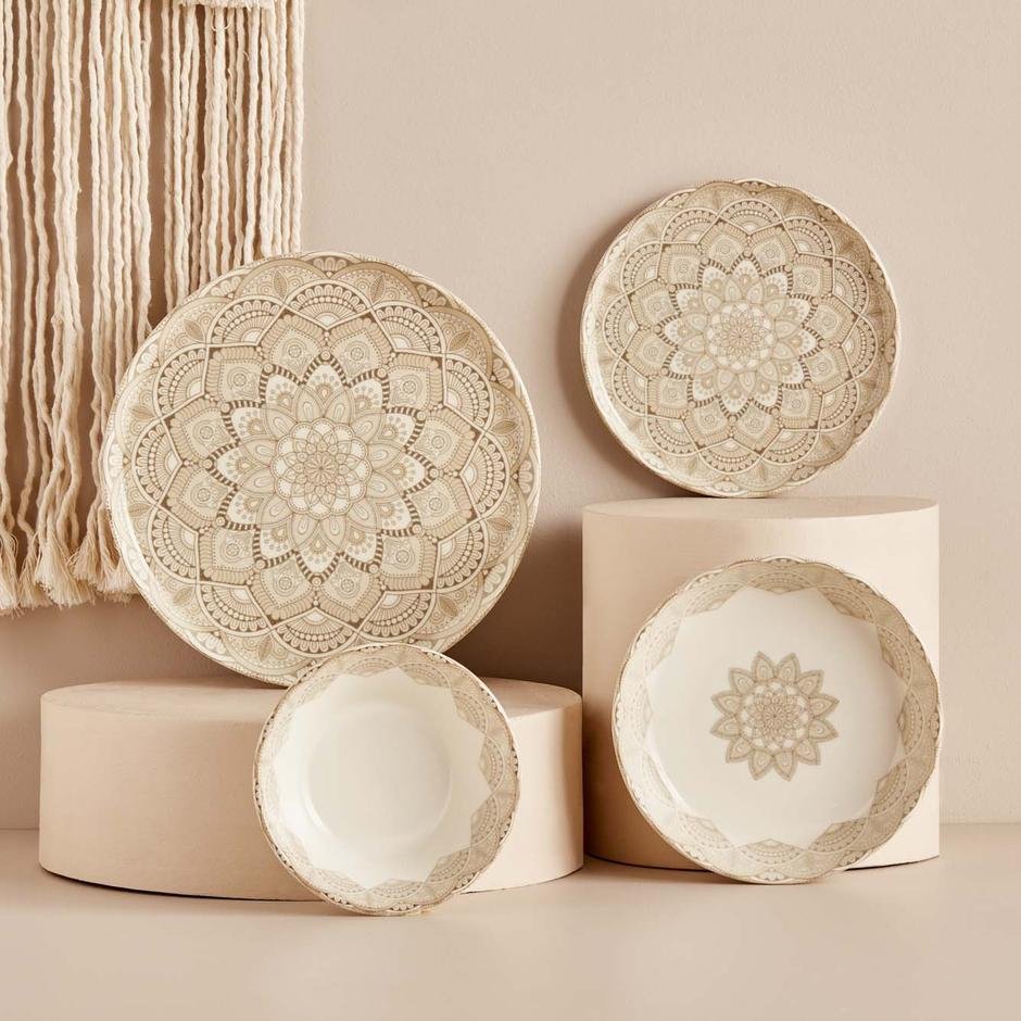  Mandala Porselen Yemek Tabağı Bej (18 cm)