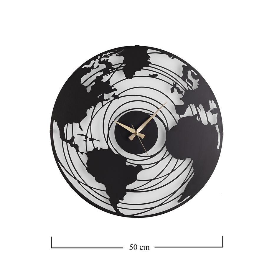  New World Map Design Sessiz Mekanizma Duvar Saati Siyah (50x50 cm)