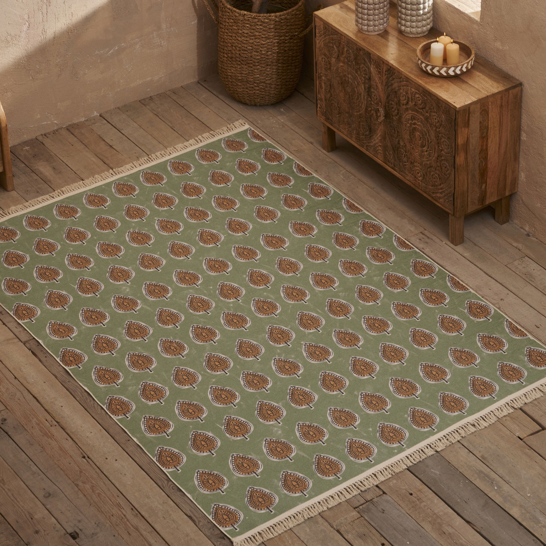 %100 Pamuk Indian Kilim Yeşil (160x230 cm)