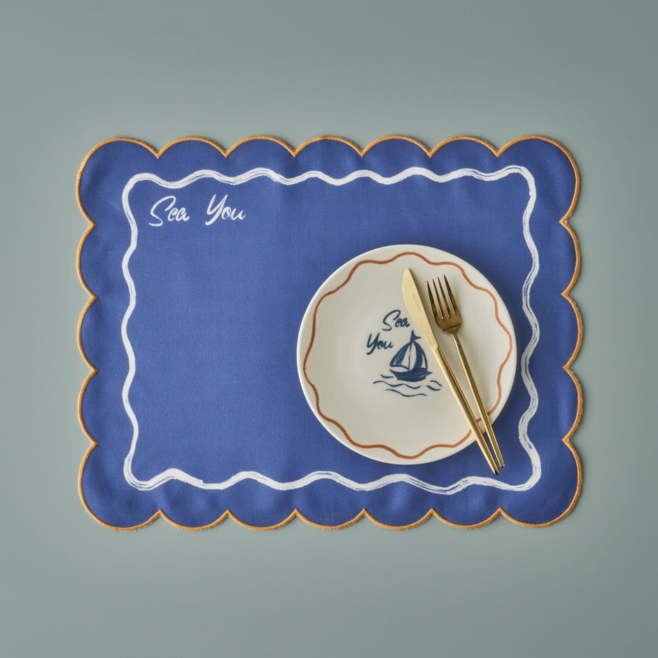  Marine Pamuklu Scallop Kenar Amerikan servis Mavi (35x45 cm)