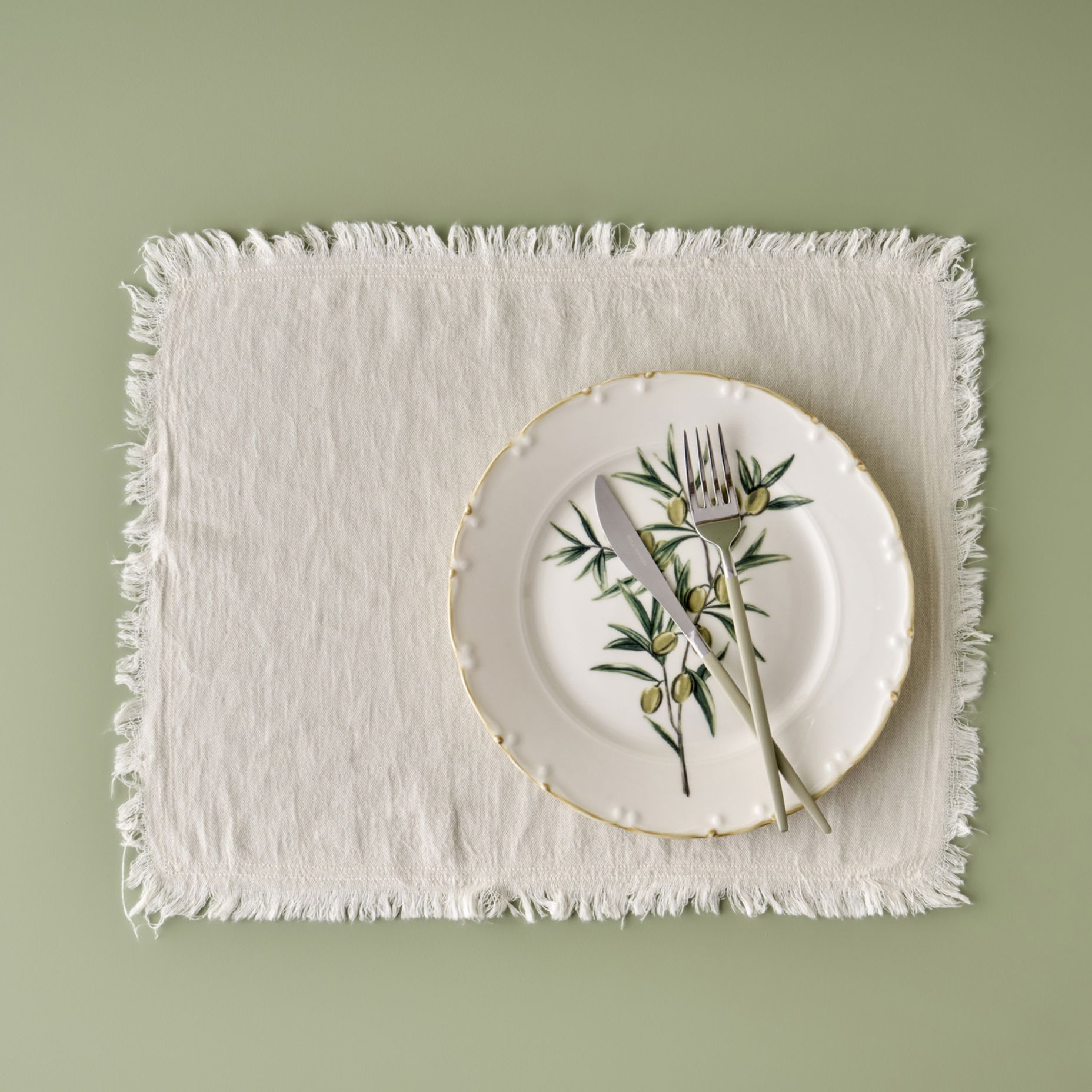 %100 Pamuk Olive Püsküllü Amerikan Servis Krem (35x45 cm)