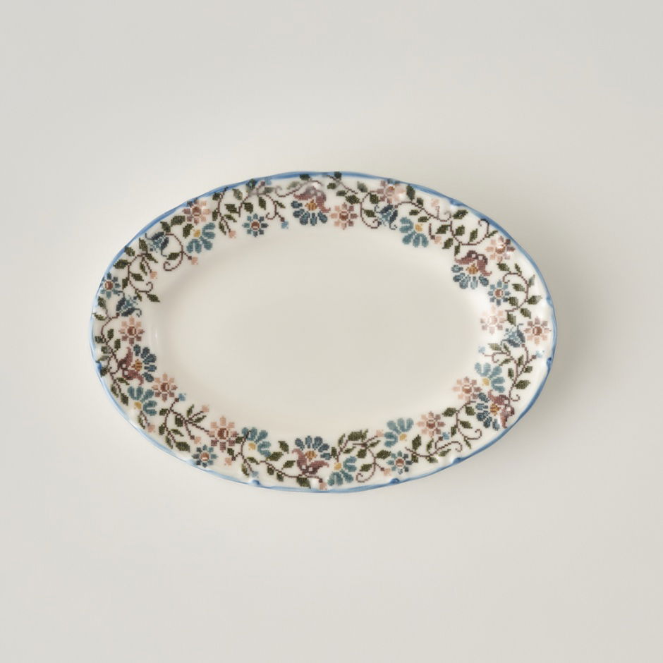  Vintage Porselen Bordürlü Kayık Tabak (20 cm)