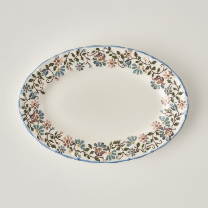 Vintage Porselen Bordürlü Kayık Tabak (25 cm)
