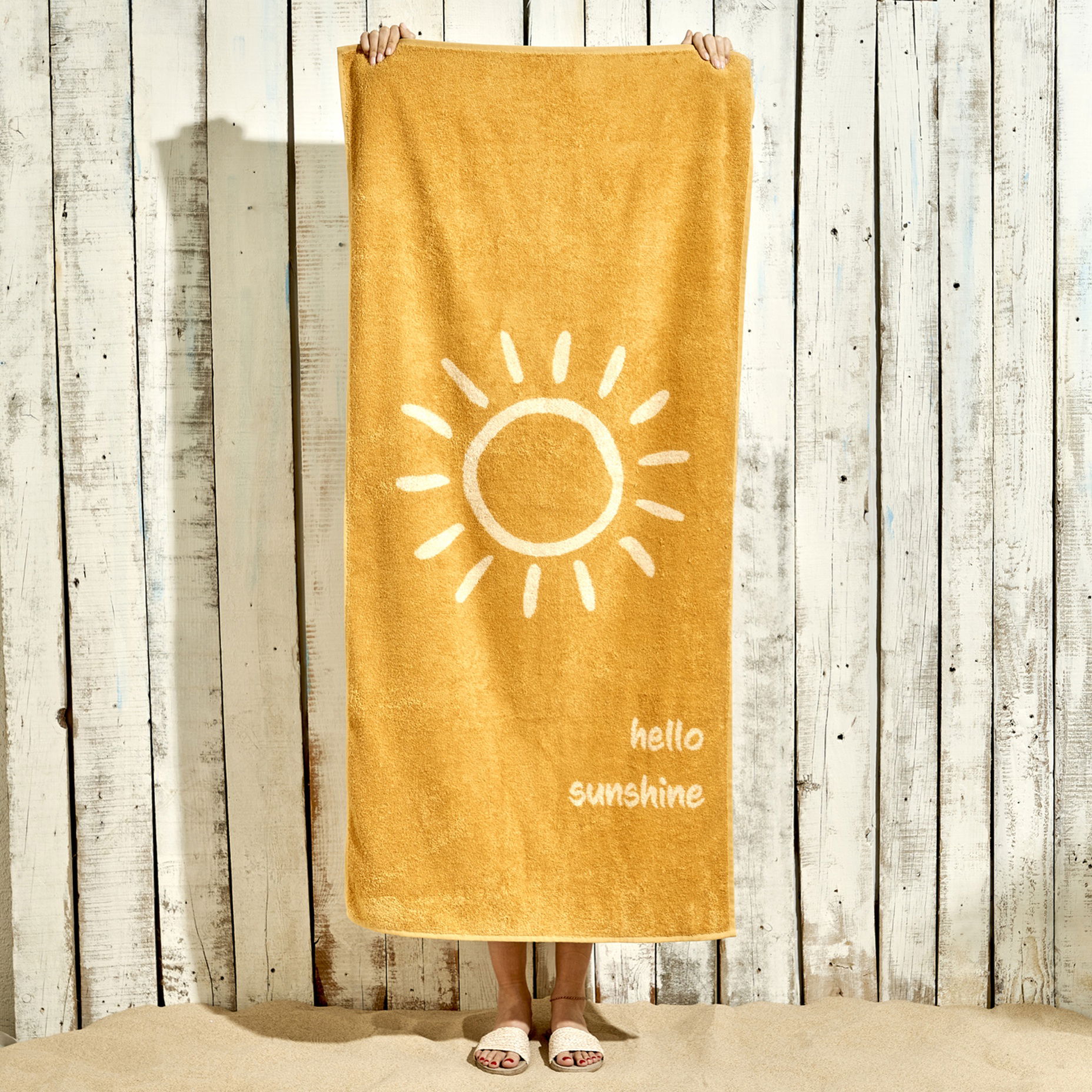 %100 Pamuk Hello Sunshine  Plaj Havlusu Hardal (90x150 cm)